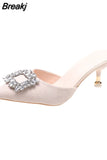 Female 2023 High Quality Mules Pumps Summer New Square Rhinestone Women Slippers Sexy Pointed Toe Thin Heels Party