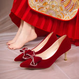2023 New Crystal Bowknot Wedding Shoes for Women Bride Pointed Toe High Heels Pumps Woman Shallow Mouth Stiletto