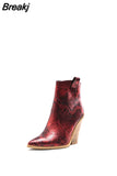 Gold Snake Print Ankle Boots For Women Wedge High Heels Boots Woman Runway Design Chunky Heels Botas Mujer Western