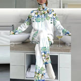 Lady Winter Knit 2pc Sets Fashion Gradient Print Turtleneck Pullover Top + Wide Leg Pant Suit Women Popular Casual Home