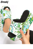 High Heeled Women's Slippers 2023 European Style Flower Pattern Comfy Walking Shoes Plus Size Summer Outside Lady