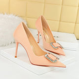 Breakj Fashion Banquet High Heels Fine Heel Shallow Pointed Satin Metal Water Diamond Buckle Single Shoe