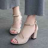 New Buckle Roman Coarse Sandals Female Korean Version Of Casual High Heels Beaded Fish Mouth Women