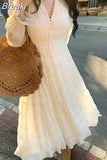 Spring Pure Color Fairy Midi Dress Woman French Elegant Evening Party Dress Casual One Piece Dress Korean Fashion