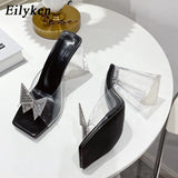 Fashion Rhinestone Bowtie Buckle Slippers Women Summer PVC Transparent Jelly Sandals Crystal Perspex Heels Ladies