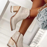 Leather Women Ankle Boots Women's Shoes Low Heel Cool British Embroidered Design Soft Short Boots Party Women