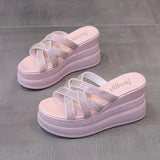A Wedge Slippers Women Summer Glitter Slides Platform High-Heeled Shoes Lady Pantofle Soft Jelly 2024 Crystal Rubber
