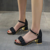 Buckle Ladies Sandals Pleated Square Heel Round Toe Fashion Shoes 2023 New Large Size Ladies High Heel