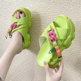 House Slippers Platform Slides Slipers Women Heeled Mules Black Sandals Fashion Lady 2024 High Summer Beige Luxury