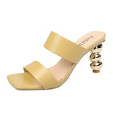 Design Metal Strange High Heels Summer Women Slipper Elegant Square Toe Slip-On Sliders Shoes Ladies Sandals Size