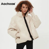 Women PU Faux Leather Parka Coat 2021 Winter Zipper Hooded Padded Jacket Female Long Sleeve Pockets Thick Warm