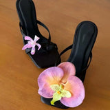Handmade Asymmetric Flower Sandals Women 2025 New Silk Satin Clip Heel Half-Wtwing High