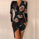 Vintage Leopard Printed Women Slim Party Dress Spring Autumn Ladies Elegant Irregular Dresses Sexy Deep V Neck Draped Slit