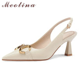 Women Shoes Genuine Leather Stiletto Heel Shoes Chain Slingback Shoes Pointed Toe High Heels Summer Spring White 40