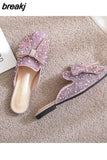 Crystal Ladies Slippers Mules Slides Slippers Women Shoes Bow Knot Square toe Square Flat Shoes Woman