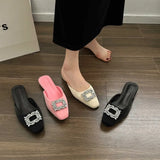Breakj Half Drag Female 2024 Summer New Fashion Rhinestone Square Buckle Flat Bottom Cool Drag Flat With Slippers Women's Shoes