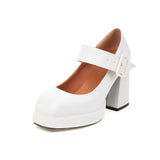 Top Qulaity Women Pumps New Spring Autumn Square High Heel Platform Black Red White Retro Mary Janes Japanese Dress Party