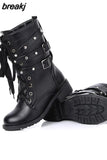 New Winter Women Buckle Motorcycle Boots British Style Gothic Punk Low Heel Black Botas Mujer Shoe Plus