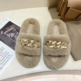 Fluffy Women slippers Gold Chain Fur slippers Shoes Women Fox Fur Flip Flop Flat Furry Fur Slides Outdoor Sandals