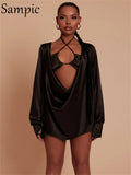 2021 Fashion Sexy Party Club Women Loose Long Sleeve Short Green Dress Winter New Spring V Neck Mini Y2K Satin