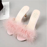 Slippers Summer 2021 New Fashion Hairy Stiletto Sandals & Slippers Women Word Drag Open Toe Wear High Heel Slippers