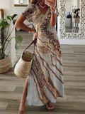 2022 New Casual Holiday Dress Summer Fashion Printed Short Sleeve Loose Dress Women Chic V-neck Split Long Skirt Dress