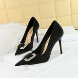 Breakj Fashion Banquet High Heels Fine Heel Shallow Pointed Satin Metal Water Diamond Buckle Single Shoe