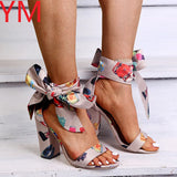 2020 Women Summer Sandals Bowknot High Square Heel Open Toe Leather Heels Pumps Shoes 10 CM Female Fashion Gladiator Ankle