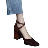 And Autumn New High Heels Female Suede Retro Square Head Thick With Cross Buckle Belt Korean Version Of Shallow Mouth Mary Jane Single Shoes