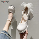 Ladies High Heels Elegant Bow Square Toe Black High Heels Fashion Thick Heel Wedding Party Pearl Lace Wedding Shoes