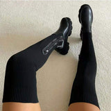 Breakj And Winter Thick Bottom Over The Knee Boots Women's Elastic Woven Wool High Boots Round Head Breathable Single