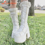 New Pink White Platform Women Knee-high Boots 2023 Winter Warm Plush Flock Gothic Style Chunky Heel Punk Women Shoes
