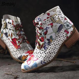 Women Boots Embroider Ethnic Ankle Boots Lace Up Pointed Toe Wedges Heel Shoes Bohemian Floral Chelsea Boots 35-43