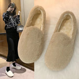 Warm Winter Shoes Cute Bow Women Ballet Flats Soft Fur Padded Cotton Shoes Woman Ankle Snow Boots Slip on Furry Slides