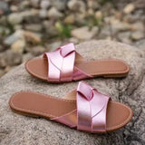 Breakj Summer New Wearing Cold Slippers Women's Fashion Leather One-Word Drag Summer Flat Beach Comfortable