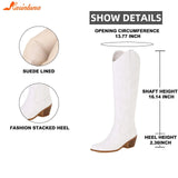 Women's Western Boots 2023 Autumn Winter Fashion Chunky Heeled Cowboy Boots Vintage Style Country Western Cowgirl White