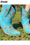 Retro Female Western Boots Wood Sole Spike Heels Pointed Toe Slip-On Floral Flower Ankle Boots Shoes Plus Size