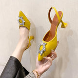 New High-heeled Pointed Rhinester Buckle Thin Hollow Hollow Fashion Shoes Solid Color Sandals Woman Designer