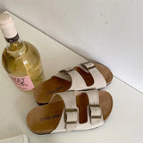 Summer Women's Two Buckle Cork Slippers Cow Suede Leather Flats Sandals For Women Retro Fashion Garden Mule Clog