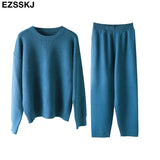 2 Pieces sweater Set Women Tracksuit o-neck Sweater + loose Trousers CHIC Pullover Sweater+ Knitted Carrot pants