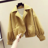 Spring Women White Black Yellow Turndown Collar Single Breasted Biker Jacket Faux Leather Vintage Short Motor
