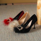 French Girl High-Heeled Shoes Female Autumn And Winter Pointed Hair Shoes Temperament Socialite Apricot And Velvet Belt Hair