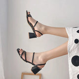 Women Sandals Ladies Square Heels Elegant Summer Slippers Outside Cross Tied Leather Female Slides 2021 Fashion Woman