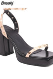 New Fashion 2023 Chunky High Heels Sandals Summer Ankle Buckle Riveted Design Ladies Sandals Comfy Walking Simply