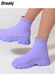 Spring Autumn Shoes Platform Round Toe Pink Purple Ladies Boots Zapatos Mujer Size 43 Women Boots Stretch Fabrics