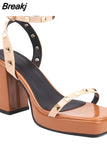 New Fashion 2023 Chunky High Heels Sandals Summer Ankle Buckle Riveted Design Ladies Sandals Comfy Walking Simply