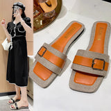 Slippers Women 2025 Summer New Flat Bottom Large-Size Drag Fashion Belt Buckle Toe