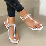 summer shoes 2021 fashion rhinestone sandals women's one word plus size flat beach sandals women zapatillas
