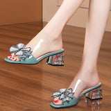 Women Sandals Pvc Crystal Flower Decoration Chunky Heel Peep Toe Brand Elegant Fashion Shoes