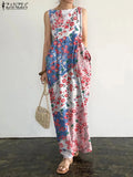 Oversized Casual ZANZEA Loose Vestido Maxi Long Robe Femme 2022 Summer Sleeveless Beach Sundress Bohemian Printed Women